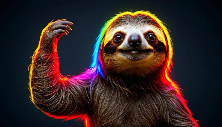 a close up of a sloth with a rainbow colored hair