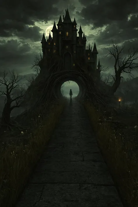 a dark castle with a long walkway leading to it