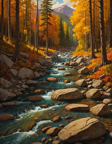 painting of a stream running through a forest with rocks and trees