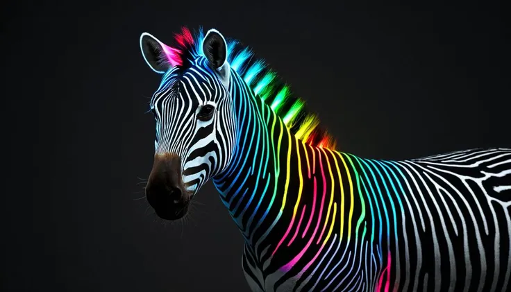 zebra with multicolored stripes standing in front of a black background