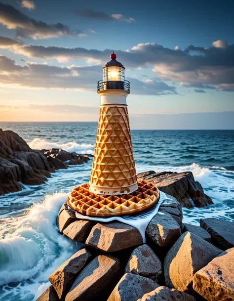Giant lighthouse shaped waffle cone with a light on top, on rocks, waves crahsing