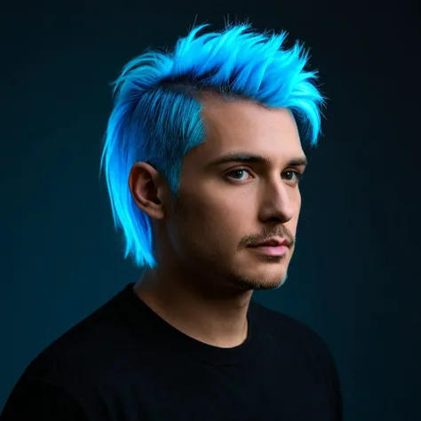 a close up of a man with a blue hair and a black shirt