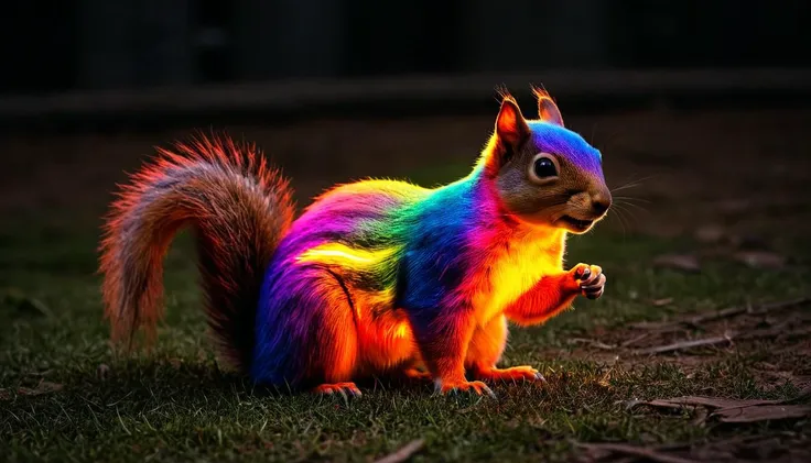 a brightly colored squirrel sitting on the grass eating a piece of food