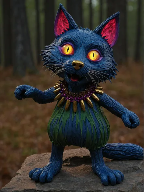 there is a blue cat statue with yellow eyes on a rock