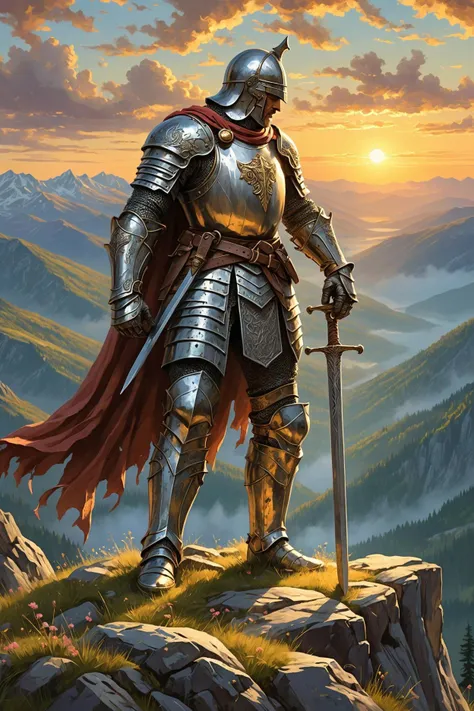 a painting of a knight standing on top of a mountain holding a sword