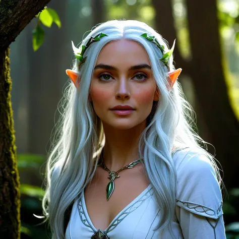 a woman with white hair and a green leaf crown