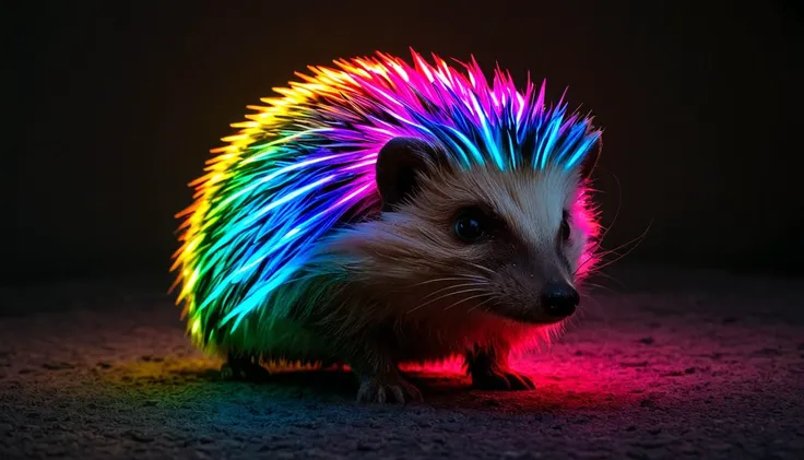 a close up of a hedgehog with a rainbow colored hair