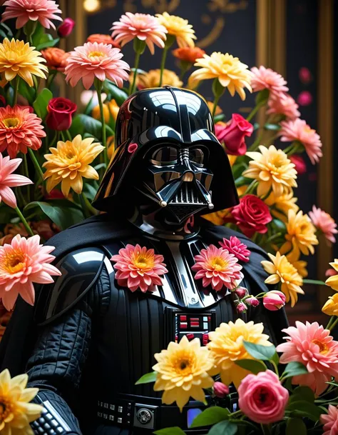 darth vader in a flower garden with flowers in the background