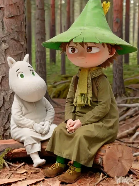 Moomins, moomin, tree, hat, 1boy, nature, forest, outdoors, sitting, male focus, scarf, brown hair, green headwear, watermark, looking at another, standing, Snufkin, snufkin<lora:Moomin-0000091 (2):1>