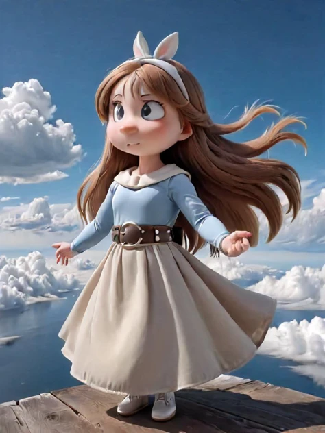 Moomins, moomins girl, 1girl, solo, long hair, sky, dress, belt, cloud, closed mouth, outdoors<lora:Moomin-0000091 (2):1>