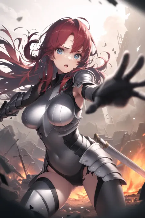 <lora:hongbsws_v2.8:1.0>
1girl, armor, sword, fighting stance, foreshortening, battle, scared, big eyes, red hair, long hair, light particles, sunlight, debris, motion blur, clothing cutout, depth of field, battlefield, destruction, fire, light rays, torn ...