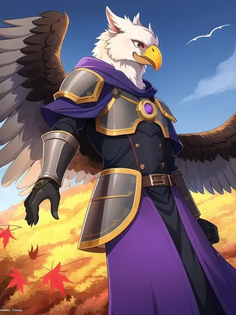 (Anthro:1.2), (griffin:1.3 with eagle beak:1.2), (male:1.1), (with black feathers:1.2), (in armor:1.2), (wearing purple cloak:1.2), (solo_focus:1.3), look away, (dynamic_pose:1.1). symmetrical wings.
(In maple autumn forest:1.2), (in the evening:1.1), (the...