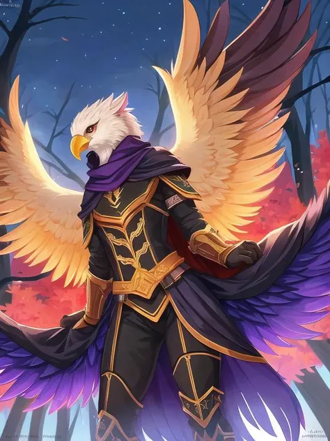 (Anthro:1.2), (griffin:1.3 with eagle beak:1.2), (male:1.1), (with black feathers:1.2), (in armor:1.2), (wearing purple cloak:1.2), (solo_focus:1.3), look away, (dynamic_pose:1.1). symmetrical wings.
(In maple autumn forest:1.2), (in the evening:1.1), (the...