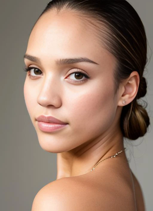 a woman with a ponytail in a black dress and a necklace