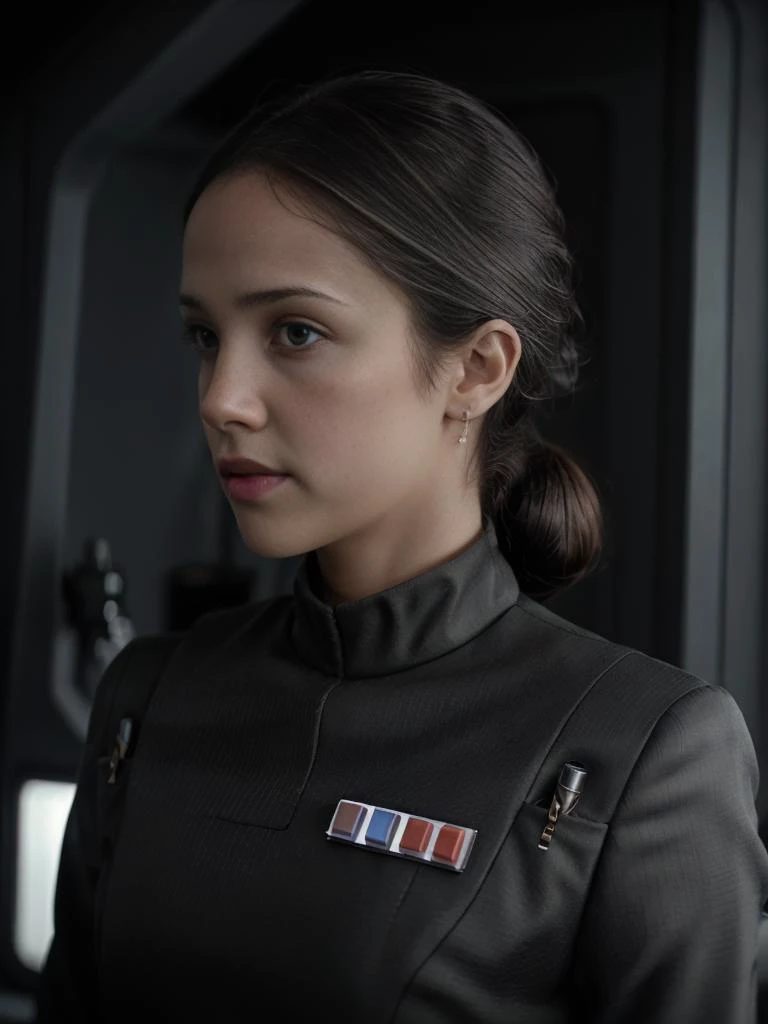 a woman in a star wars uniform looks at the camera