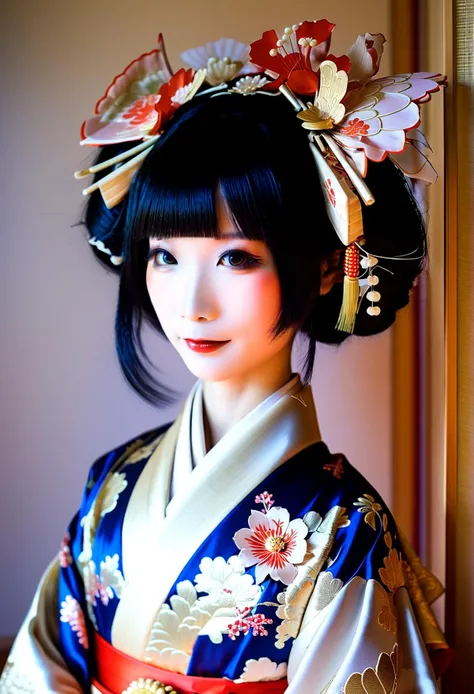 Haute Couture Fashion portrait chun momo, wearing a kimono, japanese geisha,,, Haute Couture Fashion, often for custom-fitted clothing, luxurious materials, or high-end design.