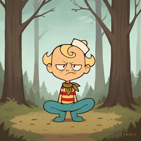 a cartoon boy in a red and white shirt is squatting in the woods