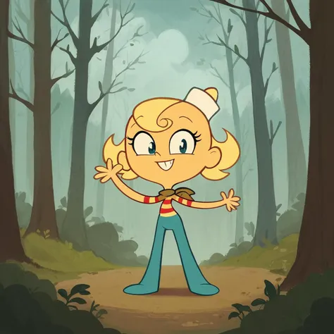 a cartoon girl in a hat and blue pants standing in a forest