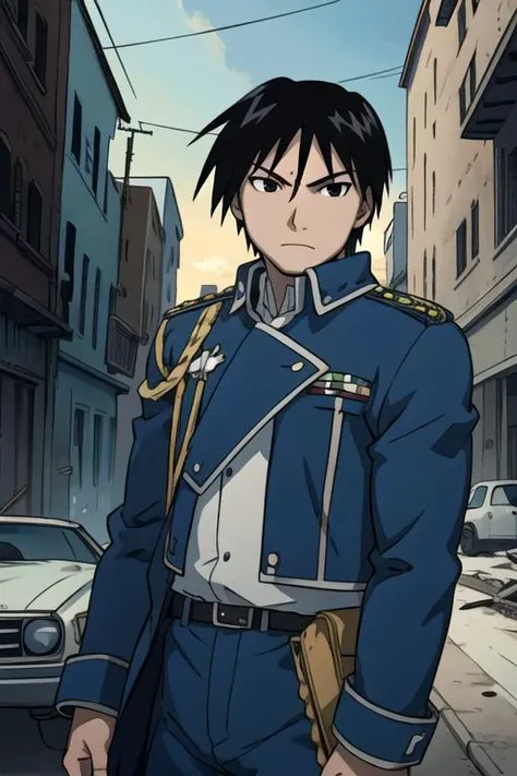 masterpiece, best quality, game cg, 1boy, solo, male focus, looking at viewer, , , , , <lora:roy_mustang:0.68>, roy_mustang, black hair, black eyes, , , post-apocalyptic, HD-DVD