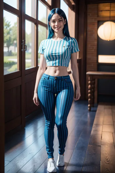 Masterpiece,best quality,cinematic lighting,8k,realistic background,1girl,solo,full body,long hair,smile,
<lora:Striped_Pjs_By_Stable_Yogi:1>,(aqua blue striped pants),(iridescence striped shirt),