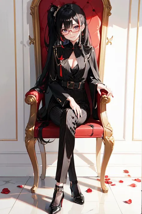 <lora:su1t:0.75> su1t, long sleeves, belt, pants, suit, pinstripe pattern, highheels, throne room, sitting, crossed legs, red banners, falling petals,, absurdres, ultra detailed, masterpiece, best quality, aesthetic, detailed,, solo, smug smile, 1girl, pur...