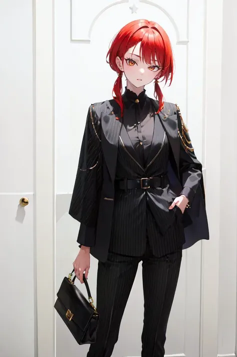 <lora:su1t:0.75> su1t, long sleeves, belt, pants, suit, hand in pocket, handbag, pinstripe pattern, highheels,, absurdres, ultra detailed, masterpiece, best quality, aesthetic, detailed,, solo, 1girl, red hair, orange eyes, amber eyes, swept bangs, parted ...