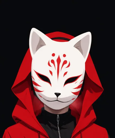 a close up of a person wearing a white mask with a red hood