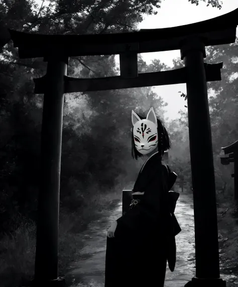 arafed image of a woman in a mask standing under a tori tori gate