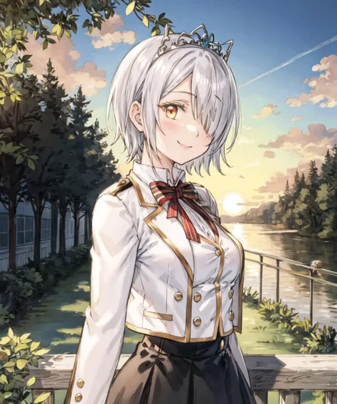 masterpiece, best quality, <lora:CharWestia768V1:0.7>, 1girl, charwestia, short hair, white hair, hair over one eye, yellow eyes, tiara, white school uniform, collared jacket, collared shirt, red bowtie, black skirt, upper body, sky, cloud, sunset, sun, tr...