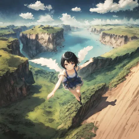 anime girl flying over a cliff with a lake in the background