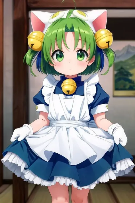 a girl in a maid outfit standing in a room