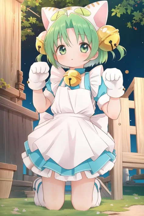 1girl, dejiko, green hair, short hair, green eyes, jingle bell, hair ornament, animal hat, cat ears, cat hat, gloves, white apron, blue dress, paw pose, white paw gloves, pink paw pads, animal gloves, cute, facing viewer, outdoors, kneeling <lora:di-gi-cha...