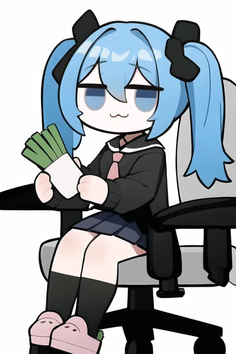 xielian, 1girl, solo, chibi,office chair,sitting, full body,:3,jitome,holding spring onion,twintails, long hair,necktie, skirt, blue hair, blue eyes, eyebrows visible through hair, black skirt,  black legwear, pink footwear, very long hair, pleated skirt, ...