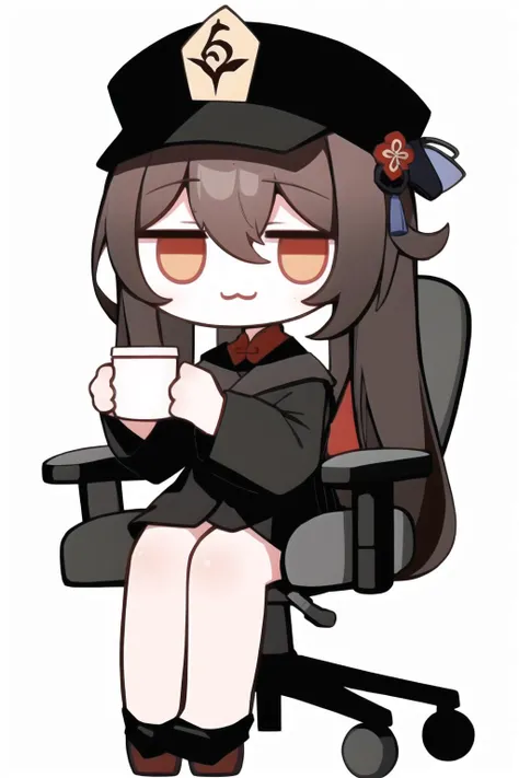 xielian, 1girl, solo, chibi,office chair,sitting, full body,:3,jitome,hu tao (genshin impact), hat, red eyes, twintails, brown hair, solo, symbol-shaped pupils, long hair,bangs, holding cup,Simple background,White background,