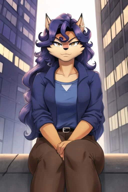 a cartoon picture of a woman with purple hair sitting on a ledge