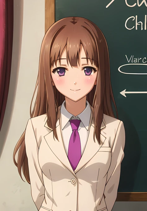 <lora:AccelWorld:0.6>, AccelWorld, Fuuko, solo, looking at viewer, smile, shirt, school uniform, jacket, upper body, necktie, indoors, arms behind back, formal, blazer, suit, light smile, chalkboard, pink necktie, purple necktie