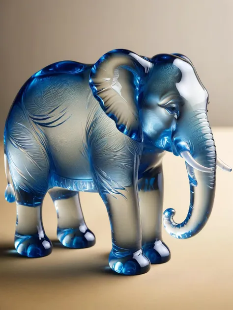 there is a blue glass elephant standing on a table