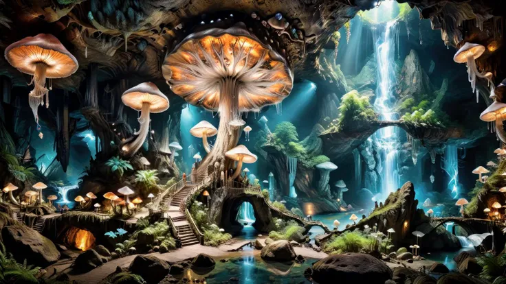 a close up of a forest with mushrooms and a waterfall