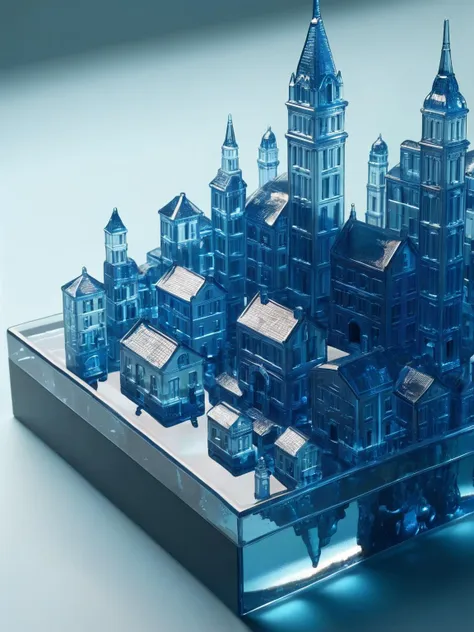 there is a blue model of a city with a clock on top