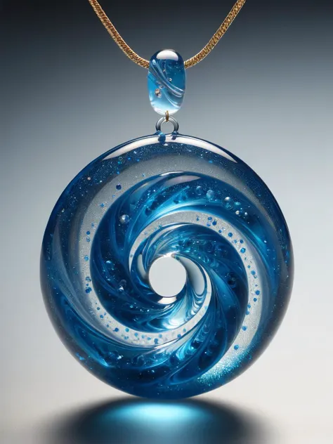 a close up of a blue glass pendant with a gold chain