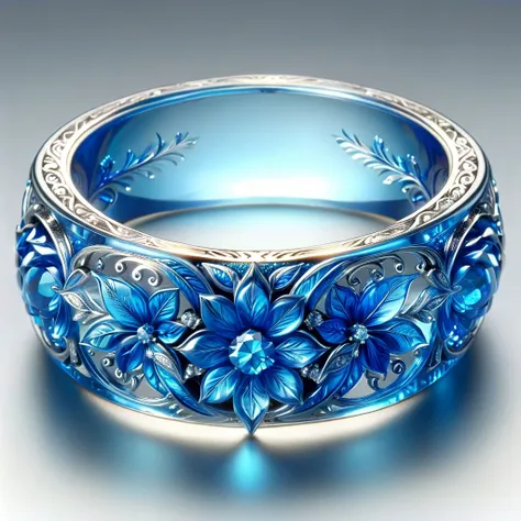 a close up of a blue ring with flowers on it