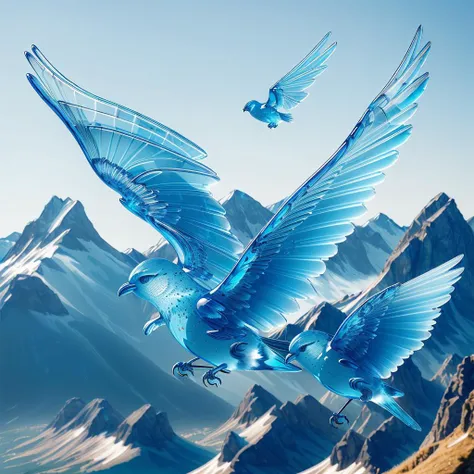 <lora:ral-blueresin:0.85> a bird made of ral-blueresin flying on a sunny day with mountains in the background