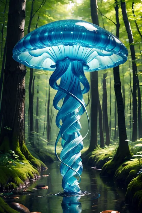 colorfull jellyfish,mushroom, nature, forest, outdoors, tree, walking, water, <lora:ral-blueresin-sd15:0.8>made of ral-blueresin