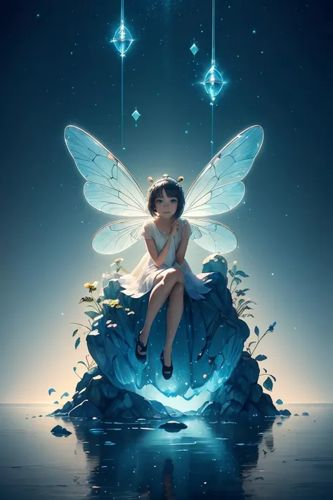 a woman sitting on a rock with a fairy wings above her