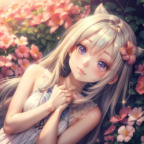 anime girl with long blonde hair and blue eyes laying on a bed of flowers