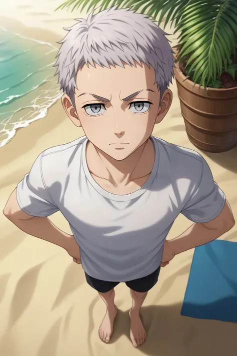 anime boy standing on the beach with his hands on his hips