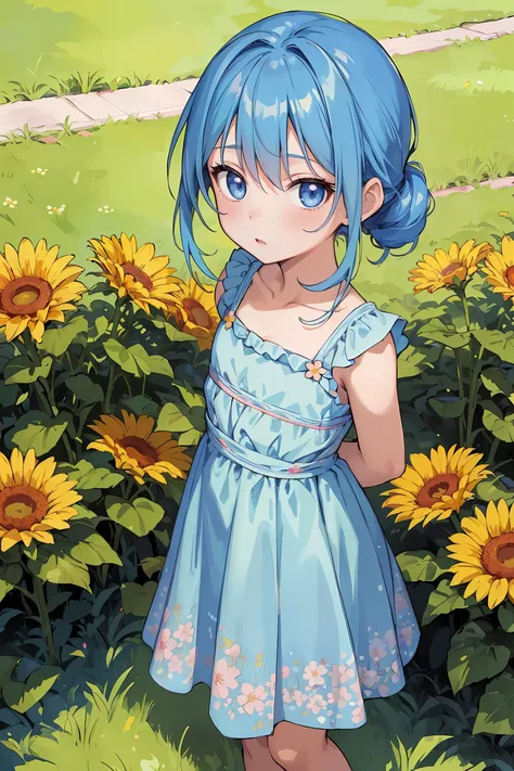 (masterpiece, top quality, best quality, official art, beautiful and aesthetic:1.2), rpg style background, (1girl), young and cute, medium blue hair tied, floral sundress, facing viewer from above, dutch angle, slim waist, AS-Young, arms behind back