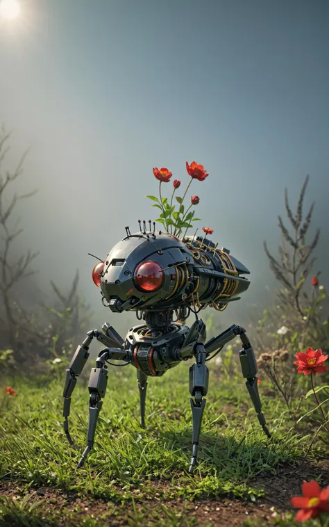 a close up of a robot with a flower pot on its back