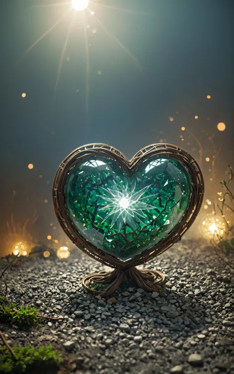 a close up of a heart shaped glass object on a gravel ground