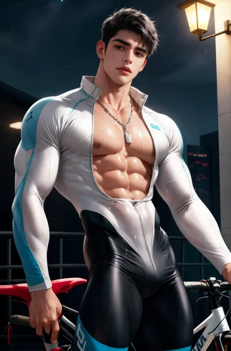 naked, closeup of face, large areolae, masterpiece, best quality, extremely detailed, intricate, 1boy, white torn sport tights, bikesuit, muscular male, 6 pack abs, big pectoralis, shiny white skin, bare pectorals, detailed face, naughty face, black eyes, ...